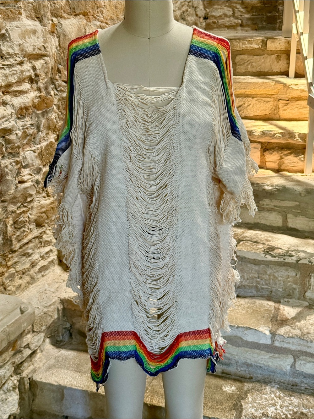 Boho Fringe Beach Cover-Up in Cream with Rainbow Trim